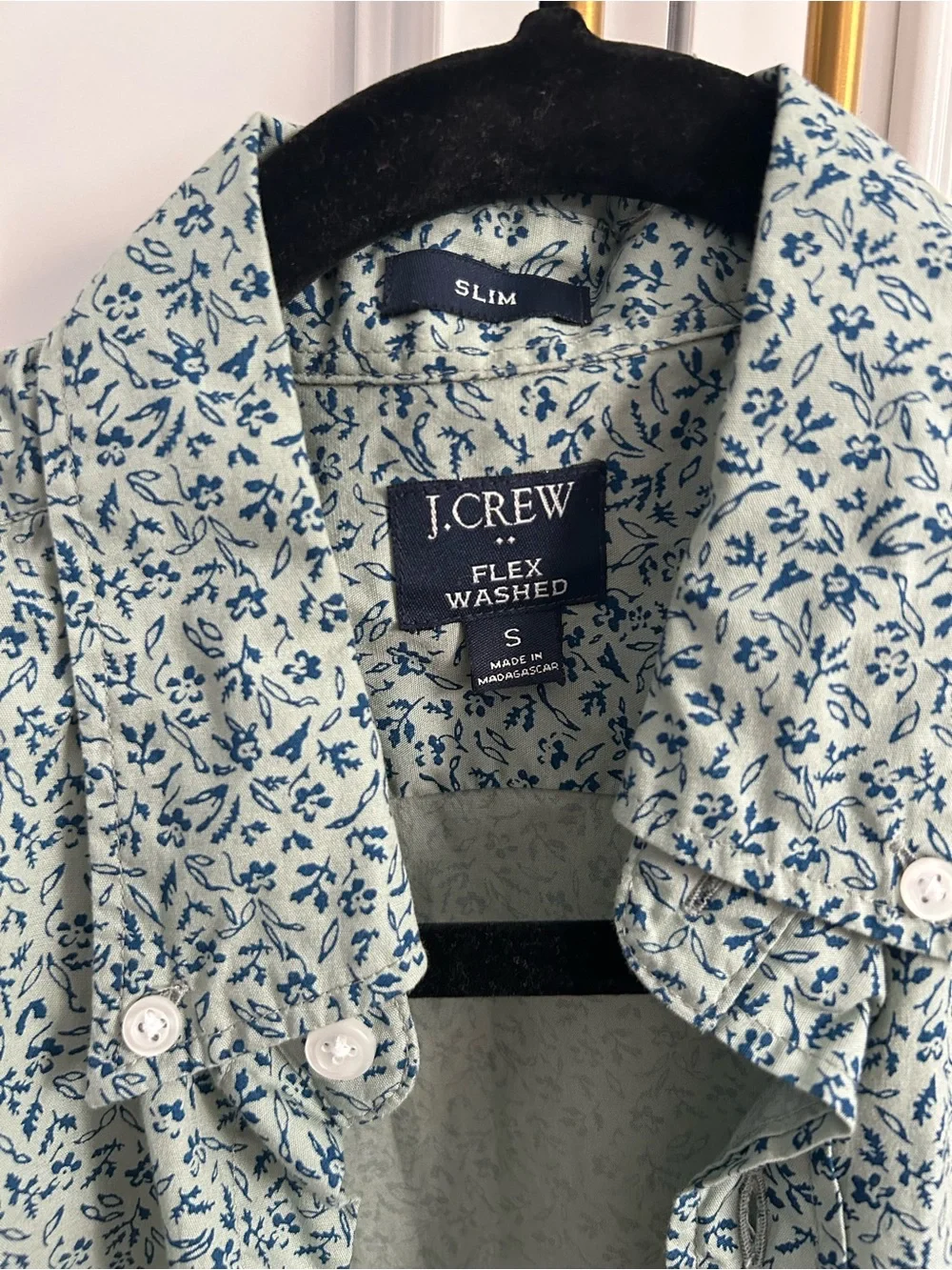 J. Crew Men's Short-Sleeve Slim Button-Down Shirt in Light Green with Navy Print